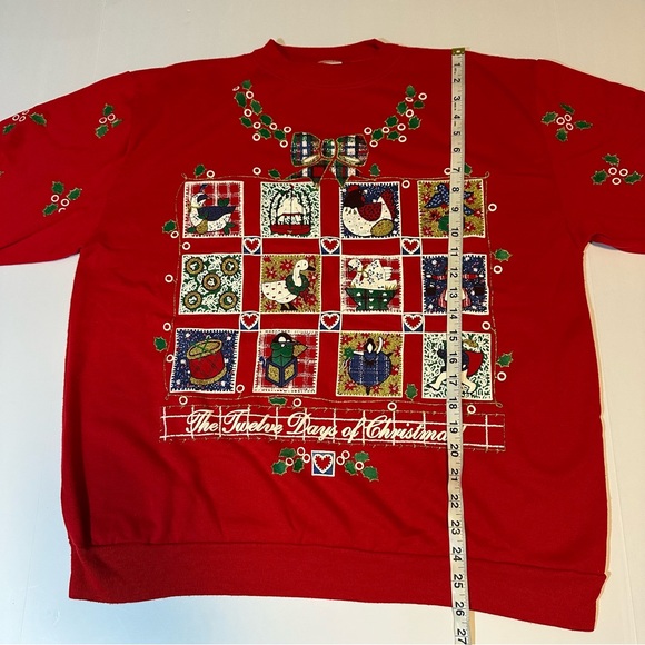 Vintage 90s 12 Days Of Christmas Sweatshirt Puff Print Glitter Plaid Bows - Picture 4 of 7